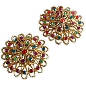 Tara Signed Round‎ Earrings VTG Gold Plated Clip chunky Crystal Statement Regal
